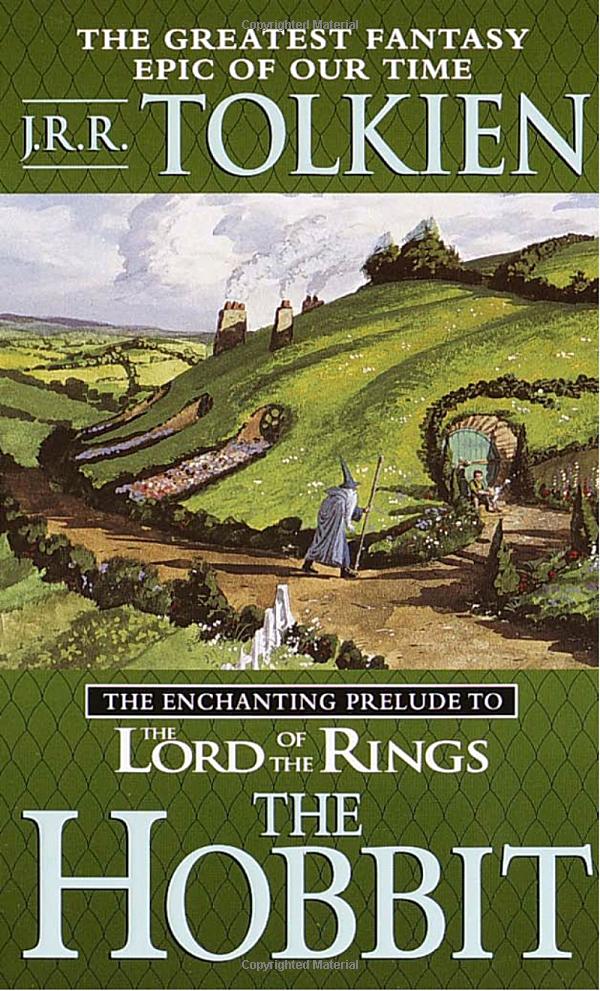 An artistic painting of Gandalf walking through the shire to meet Bilbo Baggins. Beneath is the title 'The Hobbit'
